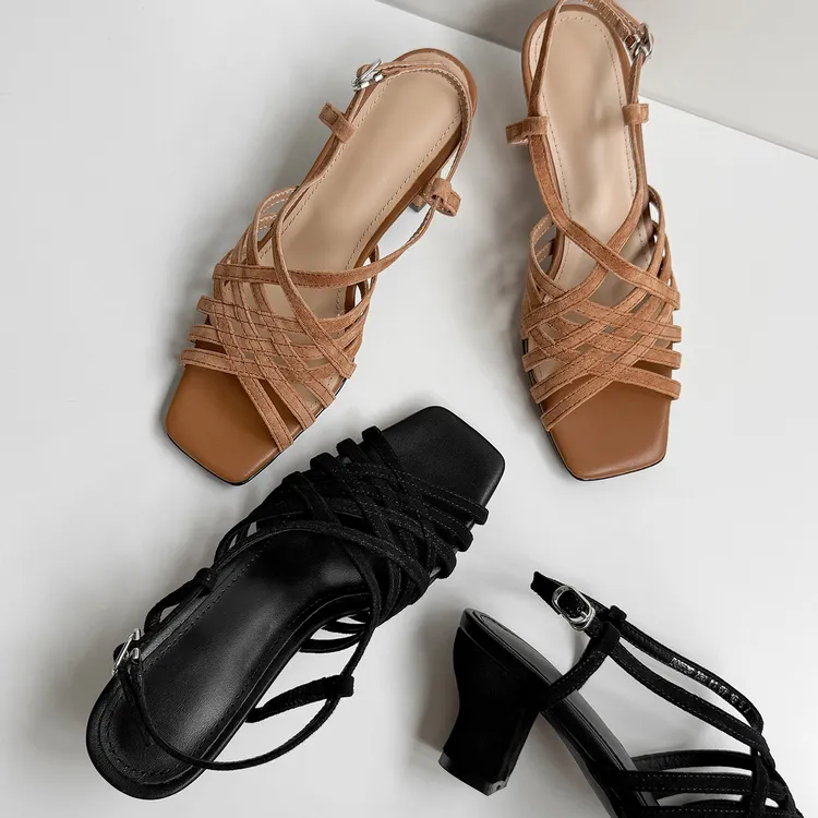 Sheriley77小众百搭法式编织细带凉鞋气质露趾交叉细带时装女凉鞋