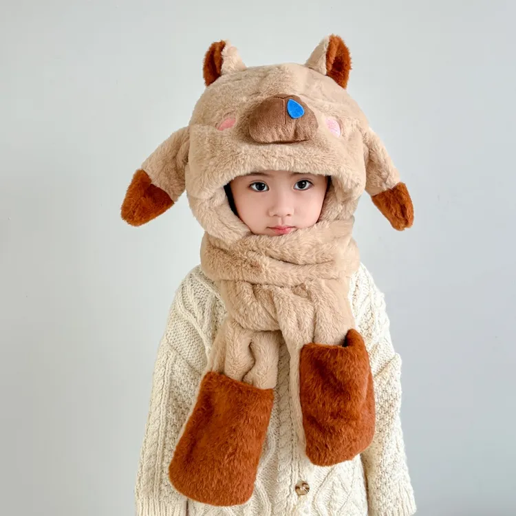新款卡皮巴拉儿童帽子围巾手套一体冬季男女童三件套卡通护耳帽绒