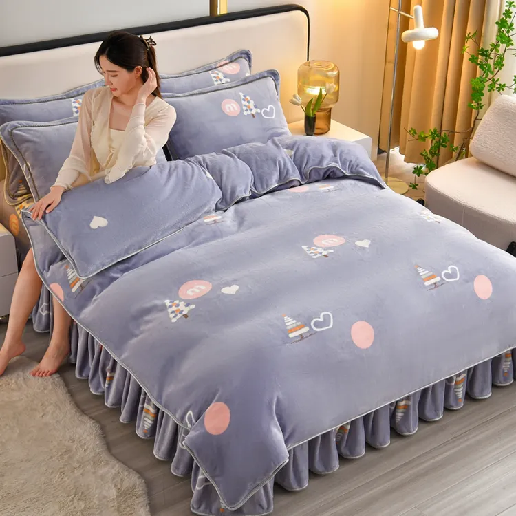 9斤重加厚款高端牛奶绒四件套保暖双面绒加绒床裙款床上用品家纺