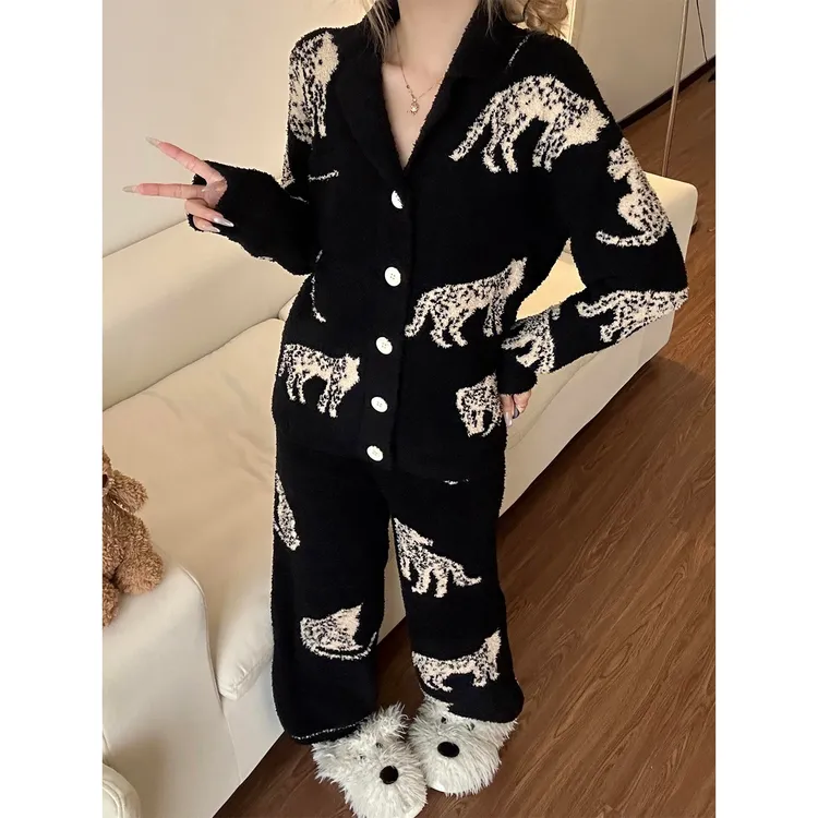 韩系高级感豹子印花半边绒睡衣女款冬季加绒保暖家居服套装可外穿