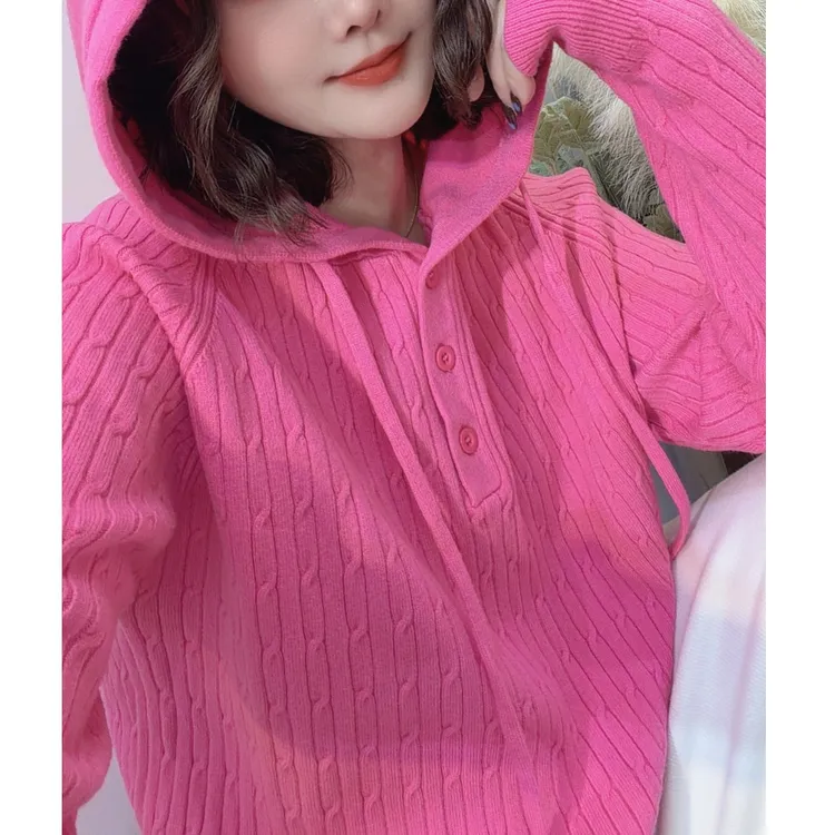 秋冬麻花连帽针织毛衣保暖长袖时尚打底外穿减龄宽松慵懒风毛衣女