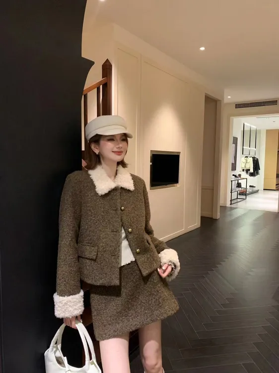 【芝士Cheese】摩卡慕斯 时尚百搭美拉德色系毛领外套+半裙两件套