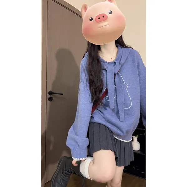 韩系慵懒风蓝色飘带印花套头毛衣女秋冬新款宽松针织上衣裙子套装