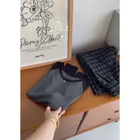 【丹姐家~黑灰插肩袖T】圆领棉T恤女秋季百搭打底上衣