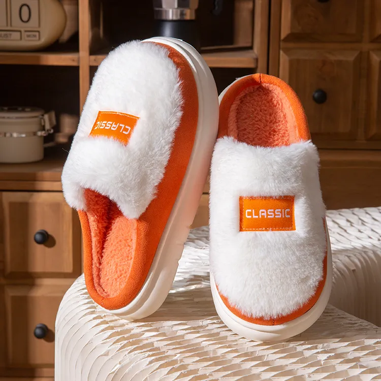 棉拖鞋女拼接舒适保暖毛绒防滑厚底增高男秋冬季时尚情侣拖鞋