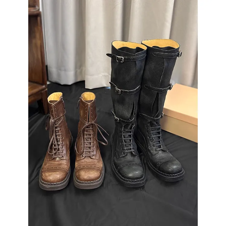 真皮版~重磅战损靴机车DR时髦精皮带扣复古粗跟中高筒骑士靴女秋