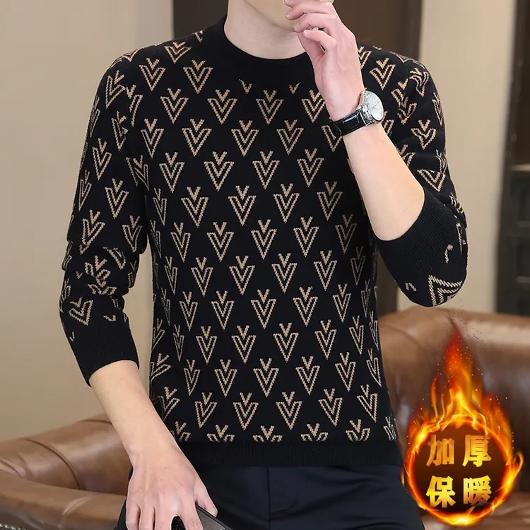 高档欧货圆领提花针织衫毛衣男士冬季时尚内搭保暖打底衫男装F806