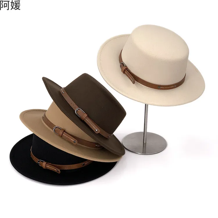 法式气质皮带款毛呢顶礼帽女秋冬时尚百搭毡帽名媛复古爵士帽子