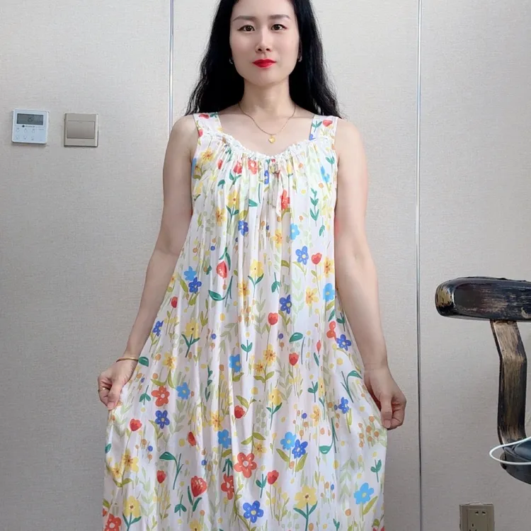 1507棉绸人造棉宽吊带睡裙大码时尚休闲薄款中长款气质宽松