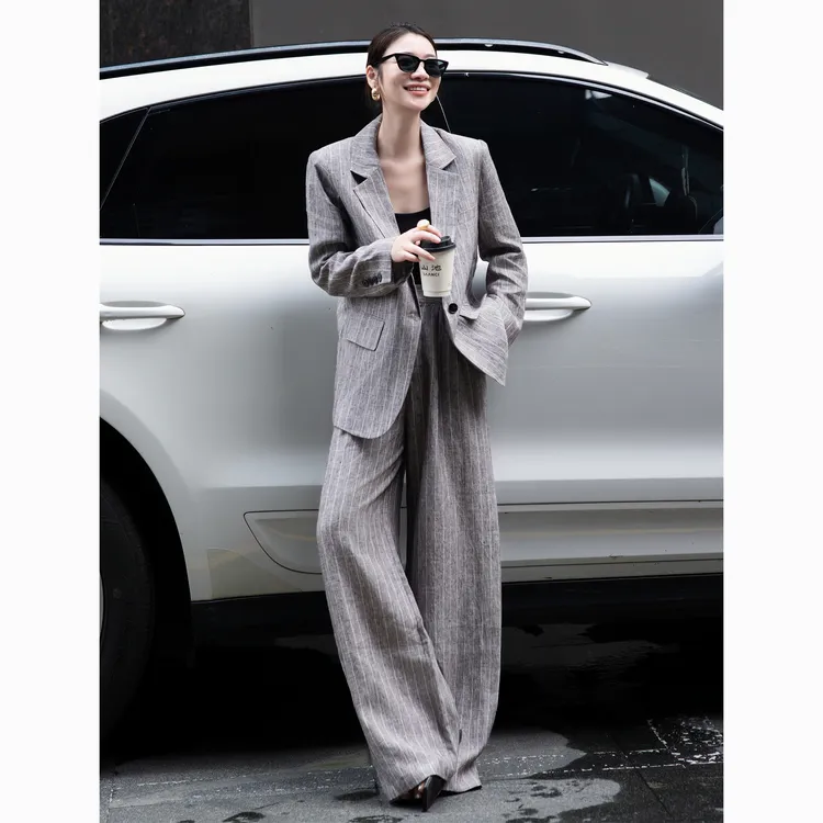 ZEROYK高端定制2025秋季老钱慵懒100亚麻条纹宽松西装两件套