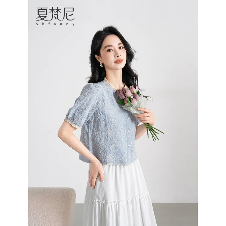 夏梵尼海盐碎冰夏季蓝色衬衫高级感刺绣蕾丝花边小衫百搭短袖上衣