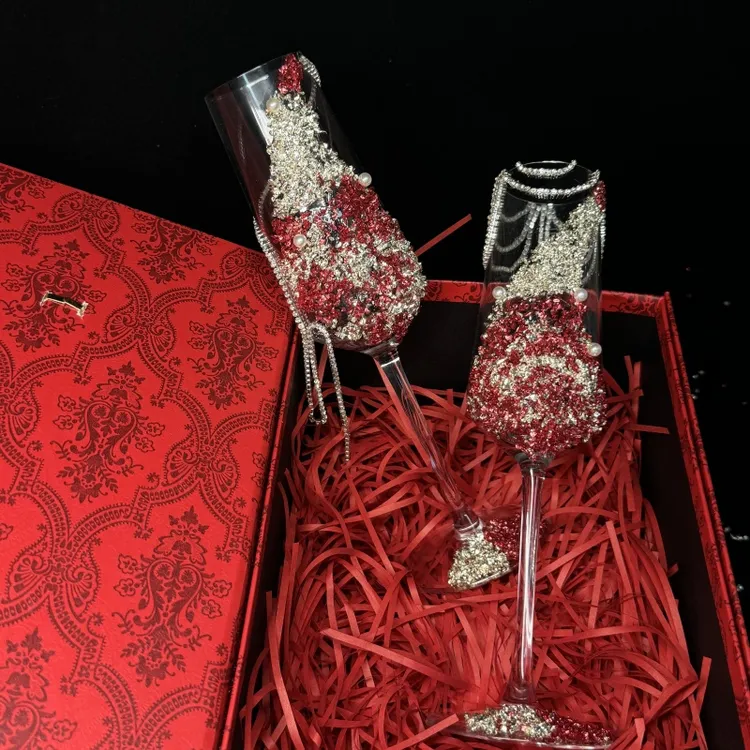 订婚敬酒杯闺蜜手绘碎钻敬酒杯庆祝 diy 材料diy 高脚杯婚礼