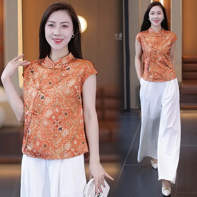 新中式国风短袖立领衬衫女2025夏季新款复古宽松显瘦盘扣两件套潮