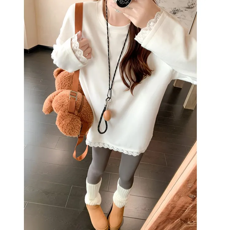 欧货设计感韩版拼接蕾丝花边T恤套头中长款遮臀搭配鲨鱼裤的上衣