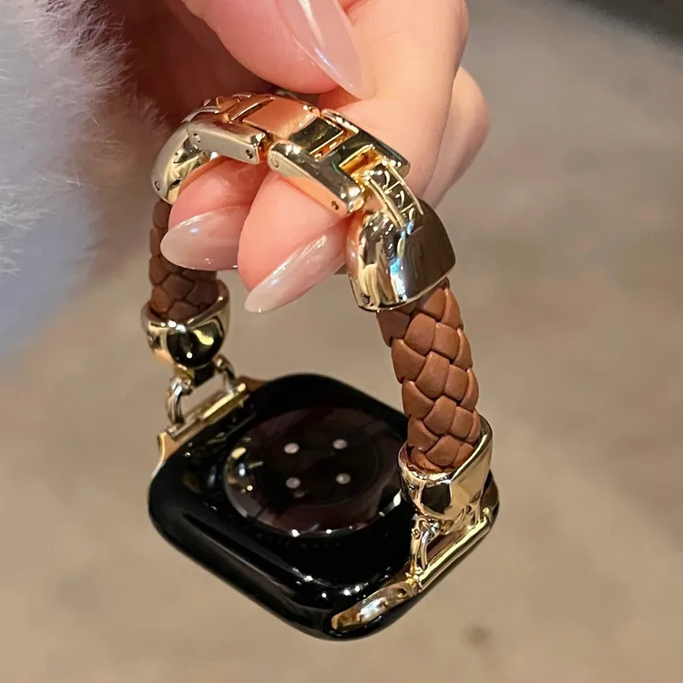 菱格皮质编绳拼金属苹果手表表带适用于iwatch10Apple Watch11SE9