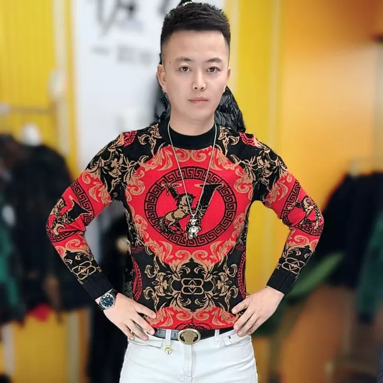 6693冬季新款潮流男士高品质提花烫钻修身长袖针织毛衣