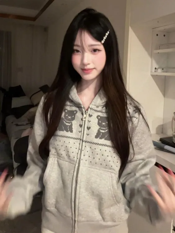 韩系复古小熊连帽卫衣女春秋2025新款爆款宽松百搭休闲外套上衣潮