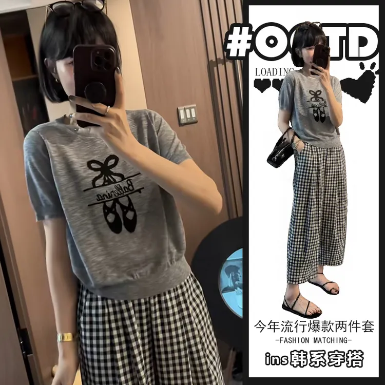 甜酷辣妹穿搭套装女夏季新款印花短袖上衣+高腰格子休闲裤两件套