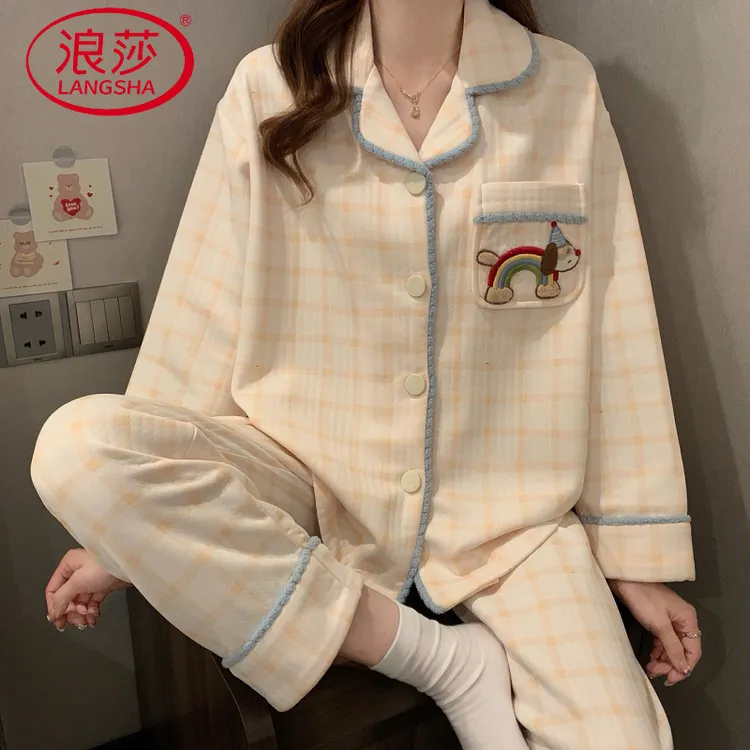 浪莎夹层加棉睡衣女秋冬季2025新款可爱甜美风开衫保暖家居服可外