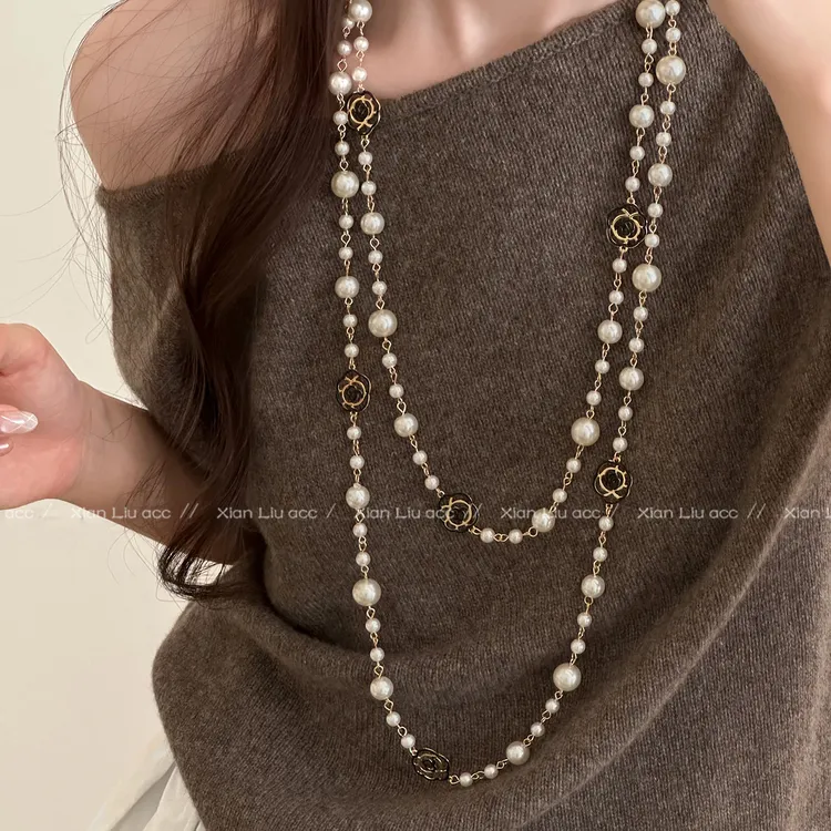 铜合金项链 双层叠戴长款仿珍珠项链女轻奢高级感毛衣链秋冬配饰