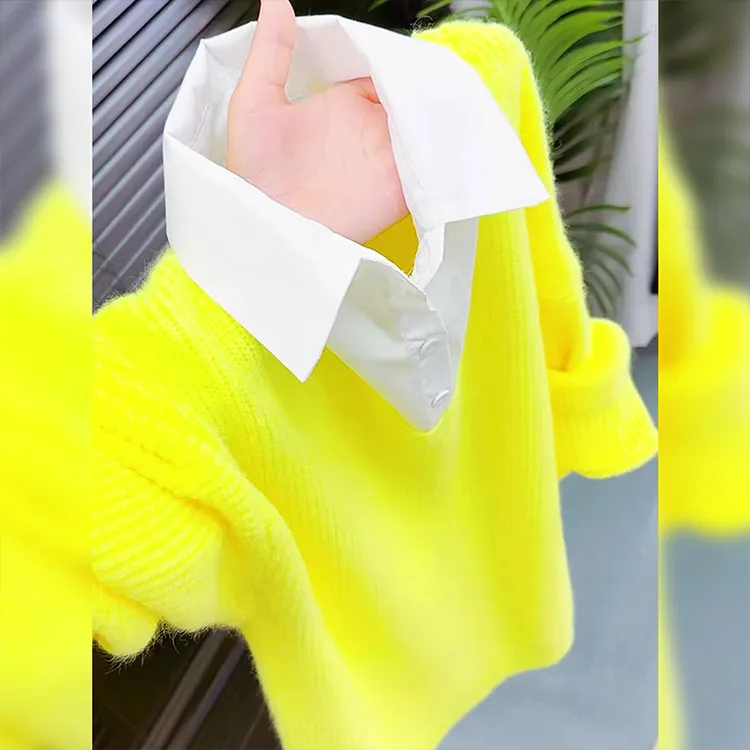 法式气质polo领假两件针织衫女秋冬新款大码胖MM减龄显白显瘦上衣