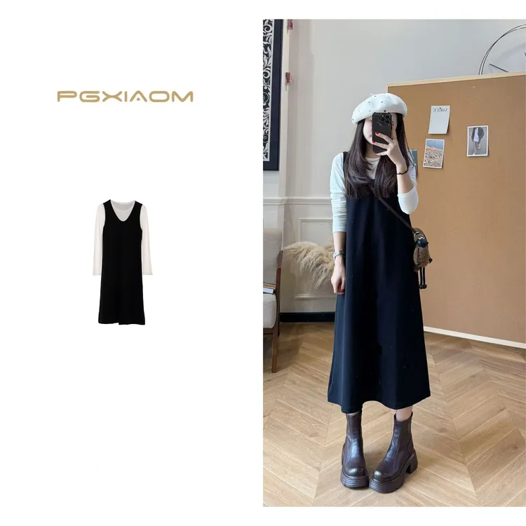 【PGXIAOM】润秀定制黑色背心裙+白色圆领打底衫两件套套装TZ10267 