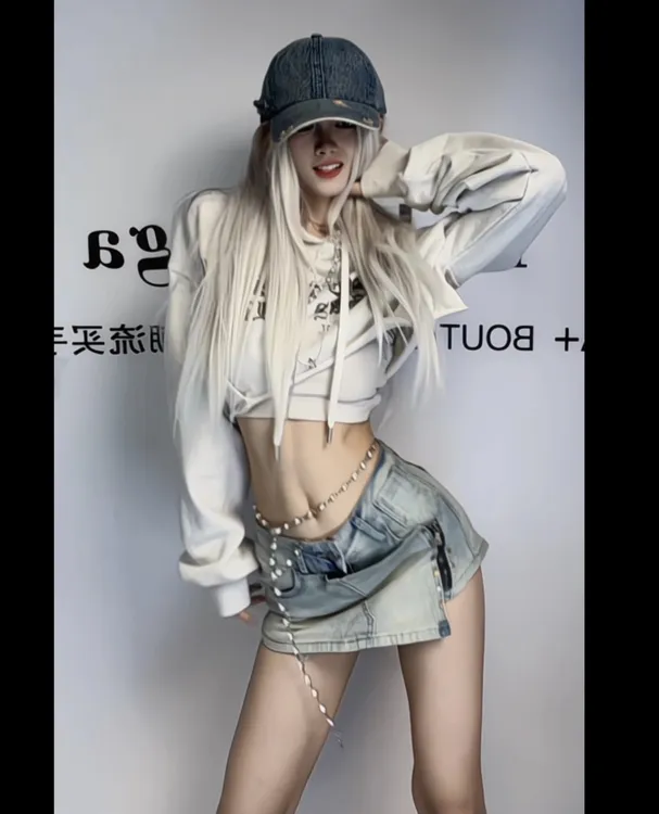 【Ann】“赫拉小姐”美式怀旧辣妹长袖短款上衣+怀旧色牛仔裙裤套装