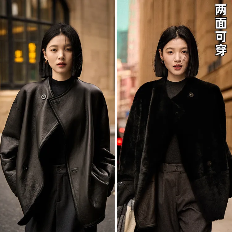 CCOGGO/初格复合皮毛一体全羊毛外套女两面可穿感都市风秋冬百搭