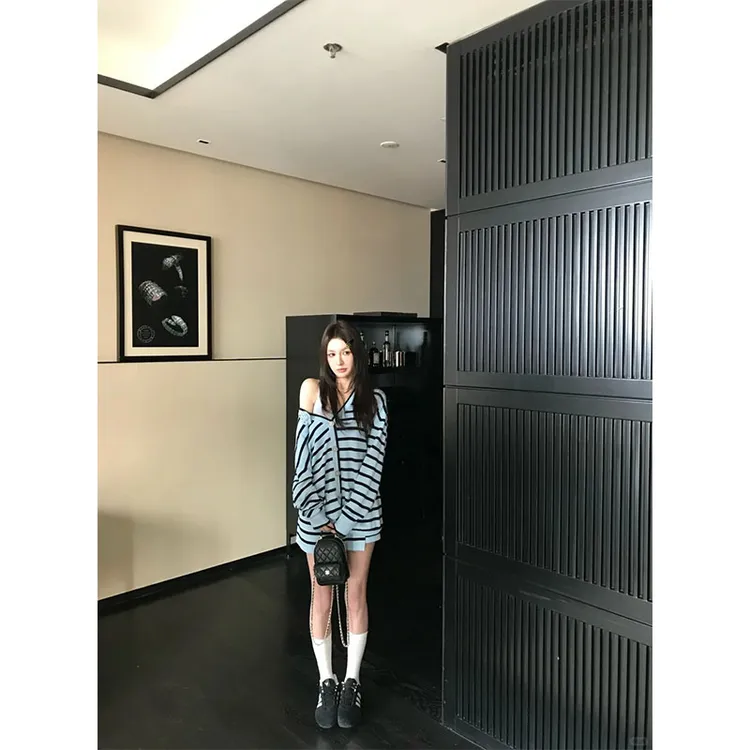 慵懒风气质软糯宽松条纹撞色长袖针织开衫百搭休闲半身裙两件套女