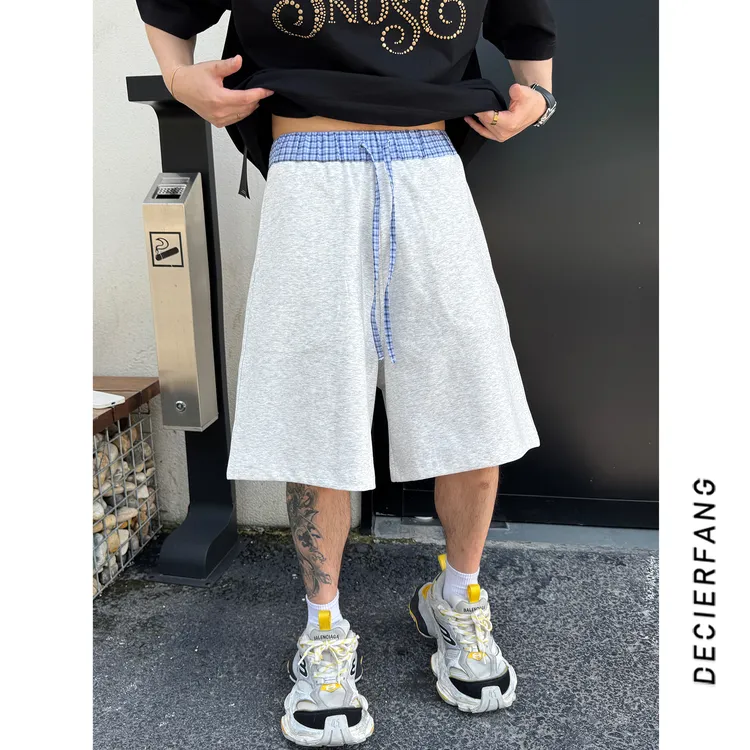 复古蓝格纹拼色抽绳短裤夏季休闲百搭宽松拼接设计五分裤休闲裤男