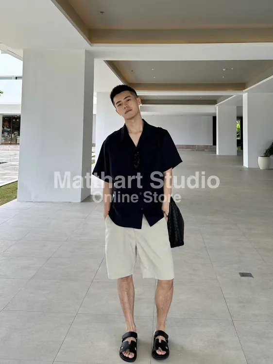 Matthart夏季松弛感老钱度假风天丝亚麻衬衫套装