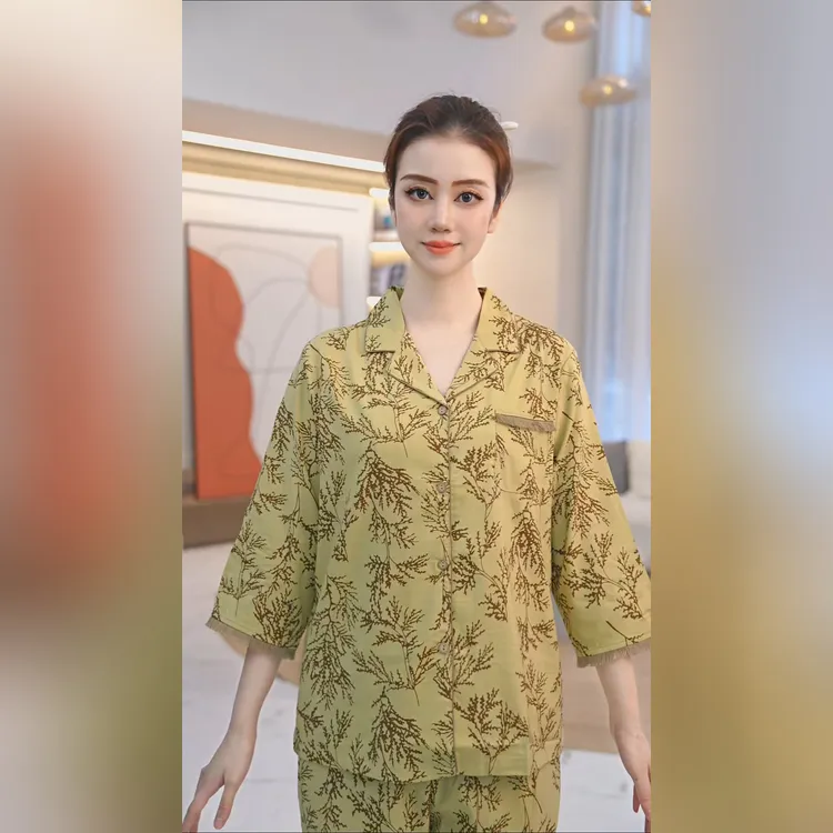 秋鹿梭织睡衣春秋女碎花八分长袖长裤家居服套装