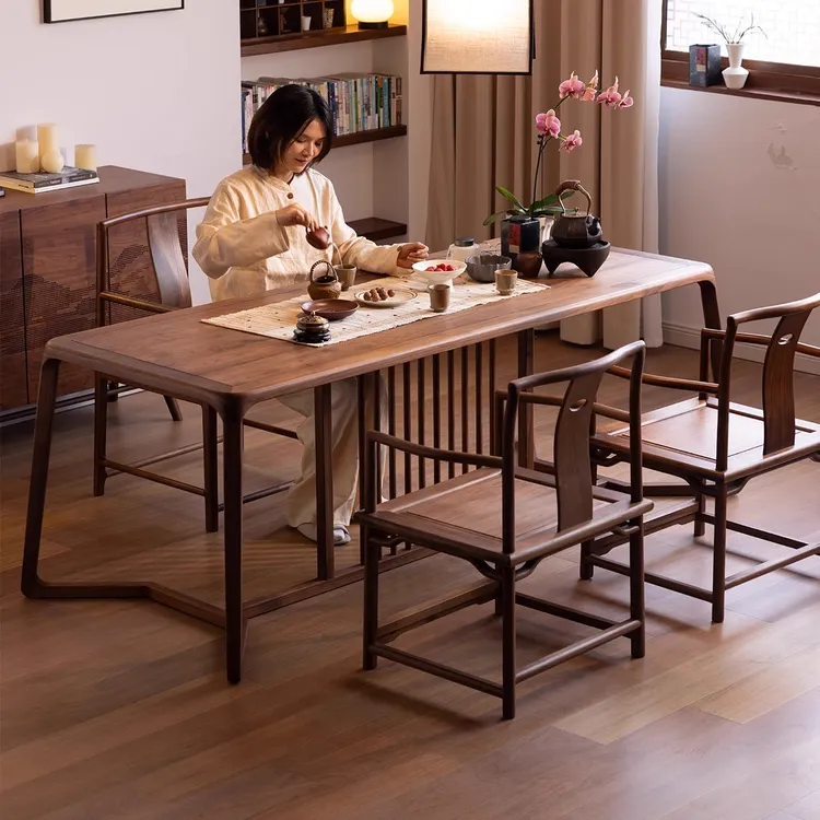 北美黑胡桃木新中式实木功夫茶台书桌一体桌现代禅意简约茶桌