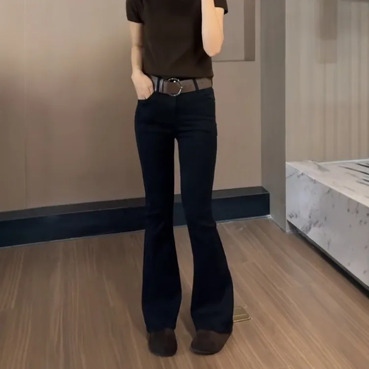 秋冬新款加绒加厚气质牛仔微喇裤大码女装高腰显瘦百搭修身喇叭裤