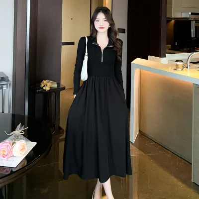 ｜有口袋｜法式赫本风黑色长袖针织连衣裙子女高级感显瘦长裙2025