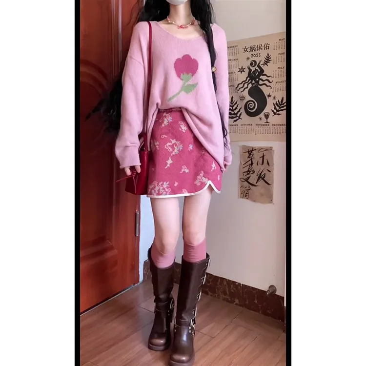 2025早秋新款女法式甜美宽松圆领刺绣针织上衣高腰显瘦碎花半身裙