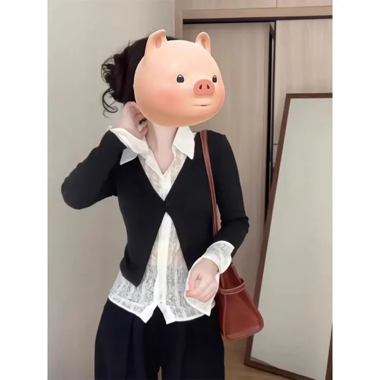 【现货】大码法式正肩假两件衬衫女秋季高级感长袖显瘦上衣-6413