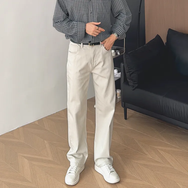 朱渣渣米色显瘦直筒牛仔裤男2025新款春秋季休闲浅色长裤子简约潮