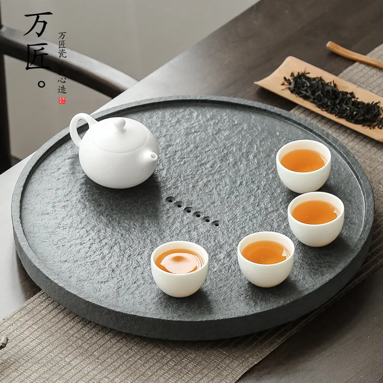 家用石头小茶台日式复古圆形乌金石茶盘简约小型干泡茶盘两三人用