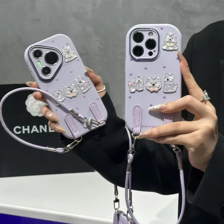 适用紫爱心小狗公仔贴件苹果17promax胖子手机壳华为vivo小米oppo