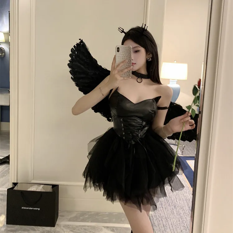时尚辣妹性感皮裙暗黑绑带收腰拼接网纱蓬蓬裙抹胸连衣裙琥珀流光