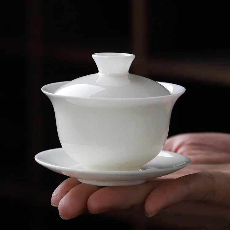 小号白瓷三才盖碗茶杯单个60ml高档羊脂玉迷你泡茶碗带盖功夫茶具
