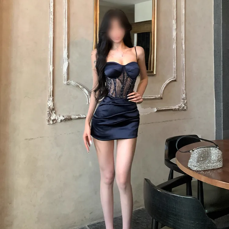 K12502轻奢纯欲风珠片网纱鱼骨吊带连衣裙女秋冬修身显瘦包臀短裙