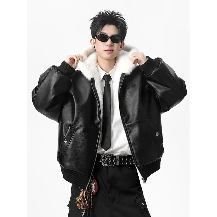 美式座山雕短款连帽棉服男女款PU夹克冬季宽松保暖棉衣外套面包服