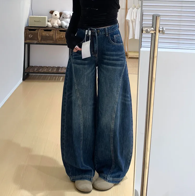 复古蓝美式阔腿弯刀裤女秋季新款胖妹妹mm梨型身材高腰宽松拖地裤