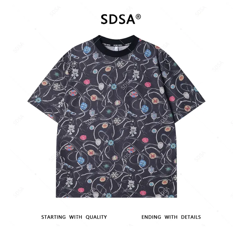 夏季高级感新款男士撞色多样花卉图案短袖T恤时尚休闲圆领上衣