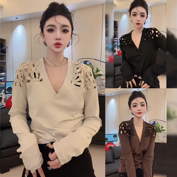 欧货2025秋冬新款洋气拼接V领t恤气质长袖上衣女时髦打底衫内搭
