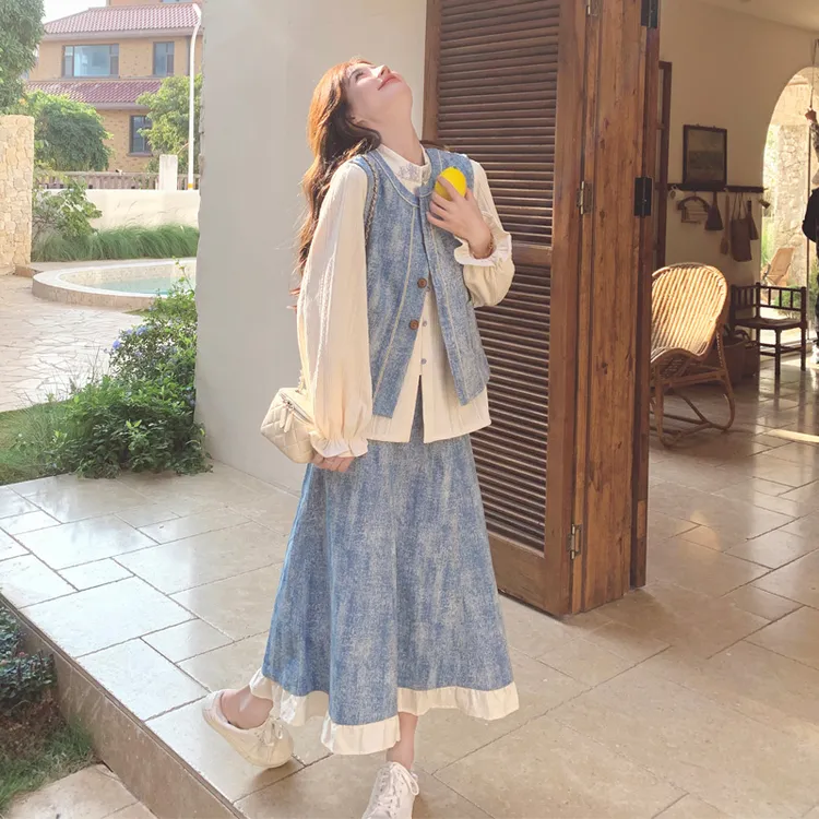扎染水洗牛仔套装裙女2025春秋新款森系复古文艺范马甲衬衫半身裙