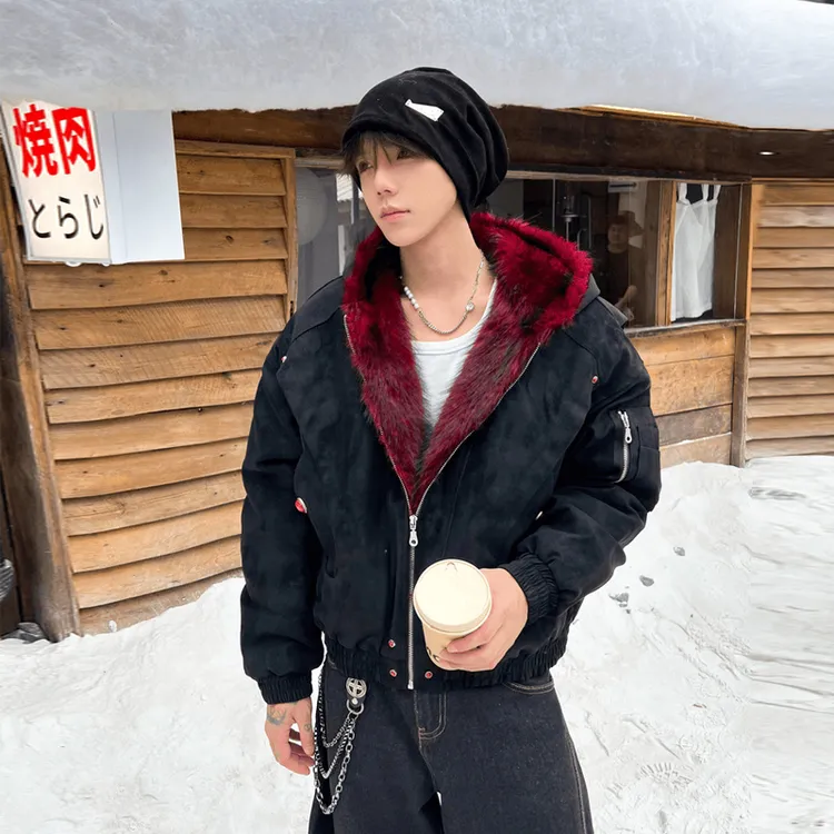 红毛麂皮绒座山雕棉服男暗黑短款宽松毛领加厚保暖外套男冬季棉衣