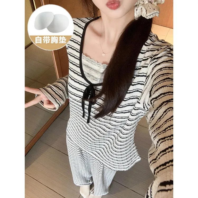 条纹带胸垫睡衣女款春秋季长袖蕾丝2025新款简约高级感家居服套装